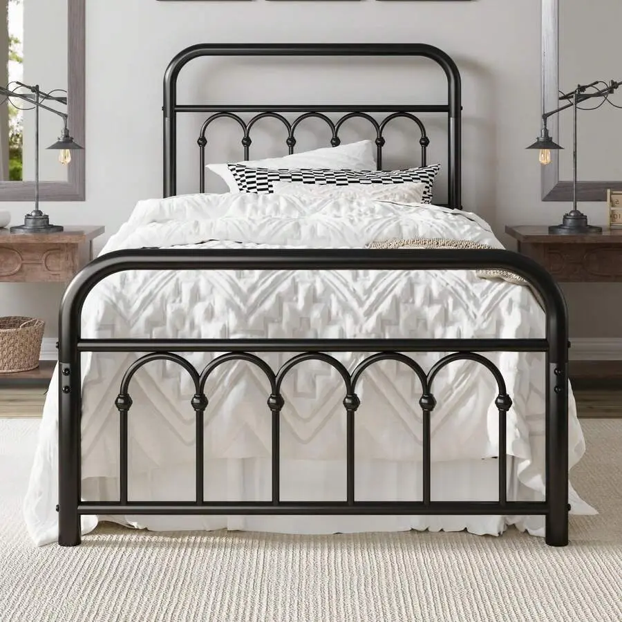 14 Inches Twin| Full| Queen Size Metal Platform  Frame With Victorian Style Curved Iron-Art Headboard/Footboard, Metal Slats Support, Easy Assembly, Under  Storage, No Box Spring Required, Black twin bed