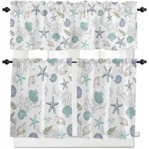 Kitchen Curtains and Valances Set, Rod Pocket Ocean Theme Tier Curtains 24 Inch Length, 3 Piece Nautical Starfish Seashells Short Cafe Drapes Sea Coral Beach Conch Window Treatments Set