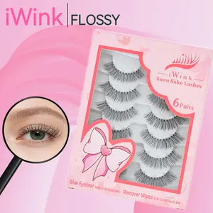iWink Flossy 3D Lashes Ultra-Thin Natural Look Strip Lashes 6 Pairs with Free Glue Eyeliner Handmade  for Youth Glam glue-free false eyelash lash makeup cosmetic
