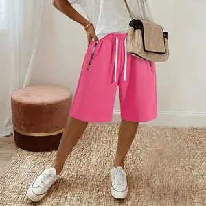 Women’s athletic shorts, solid color, drawstring, loose fit, mid-length, zippered pockets, casual fitness shorts