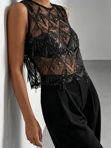 Sheer Sequin Fringe Mesh Top – Sleeveless Festival Party Night Out Tank