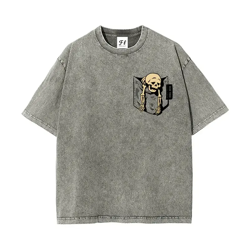 Menswear Vintage Black Acid-Washed Oversized Heavy Cotton Crewneck T-Shirt - Classic Breathable Fabric, Front Pocket Peeking Skeleton Skull Graphic, Loose Drop-Shoulder Unisex Grunge Retro Dark Streetwear Edgy Daily Top, Shortsleeve