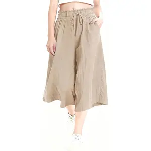 Wide Leg Capri Pants for Women Gingham Striped Culottes Flowy Elastic Waist Cropped Palazzo Pants with Pockets