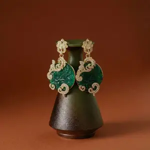 Copper Plated Platinum Green Resin Retro Stud Earrings