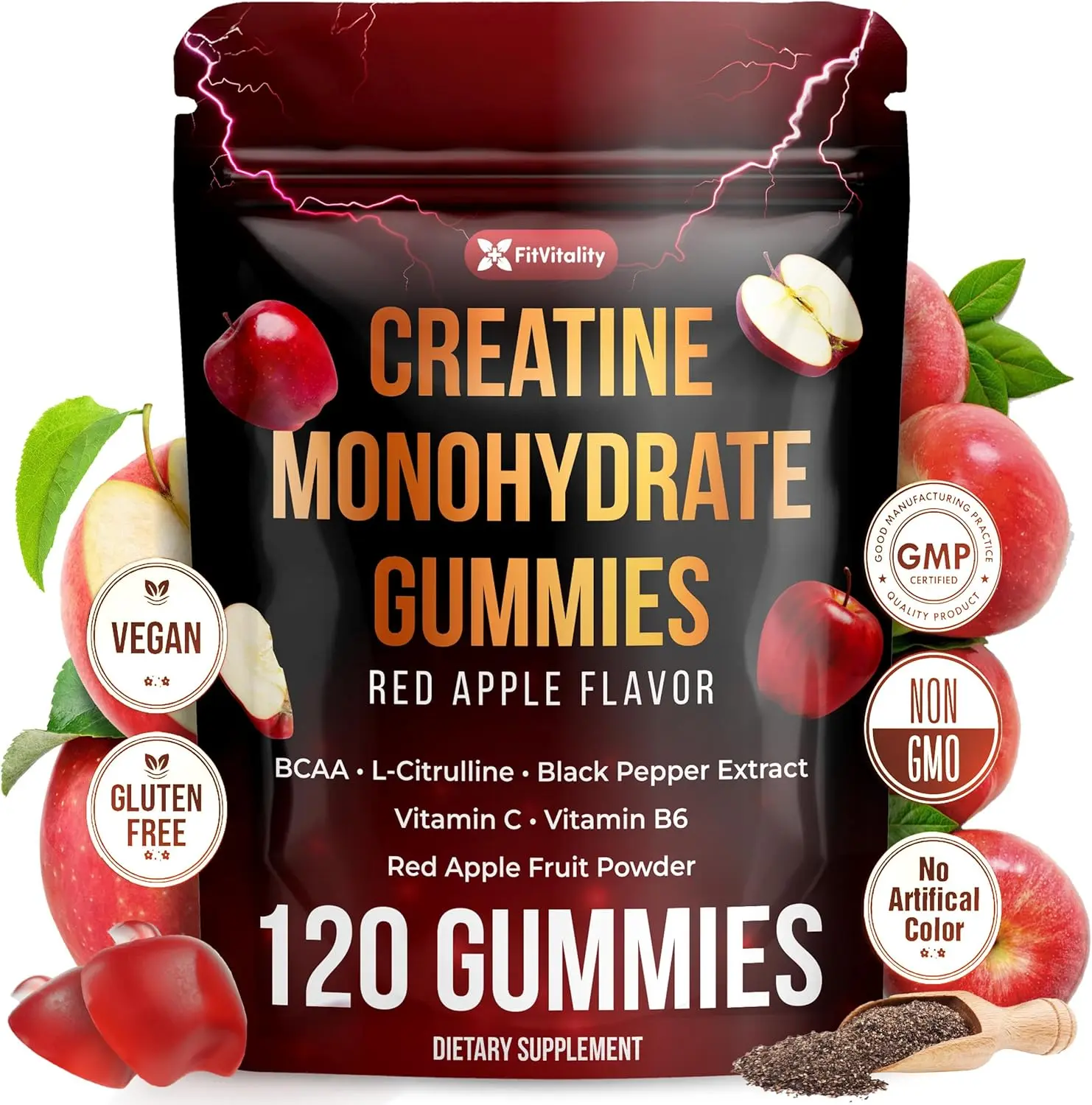 Premium 120 Creatine Gummies - Formulation with Creatine Monhydrate, Vitamin C & B6 - Vegan, Non-GMO, Sugar-Free, Red Apple Flavor