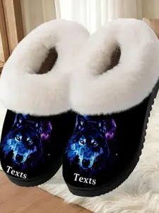 Custom Star Wolf Cotton Slippers, Cold Style, Fuzzy Lining, Anti-Slip Thick Sole, Home Use, Indoor Slippers, Men and Women, Fall Winter Warm Shoes