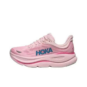 Women casual marathon running sneakers designed for all-day outdoor jogging, soft perforated pastel pink woven mesh blue logo side trim curved shock foam midsole textured grippy rubber outsole for ladies daily soft tone fashion outfits