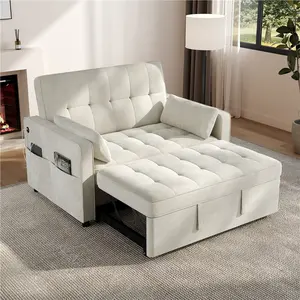 【Mother's Day Gift】Yaheetech Convertible Sofa Bed with Tri-Position Reclining Back,  Velvet Couch with Pillows & USB Ports & Side Pockets on Casters, 600 lb Capacity for Living Room, Bedroom, Studio