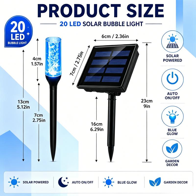 Compact Blue Solar Bubble Stick Pathway Lights - Waterproof Cool White LED Lights, Plastic Body, Crystal Stakes for Outdoor Garden Decor, Outdoor Decor