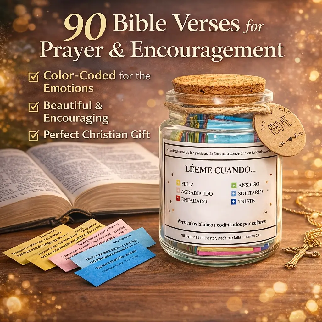Spanish Bible Verse Jar, 90 Bible Verses for Comfort and Hope, Religious Gift for Mom, Mother’s Day Prayer Jar, Glass Jar with Cork Lid, Color-Coded Scriptures by Emotion