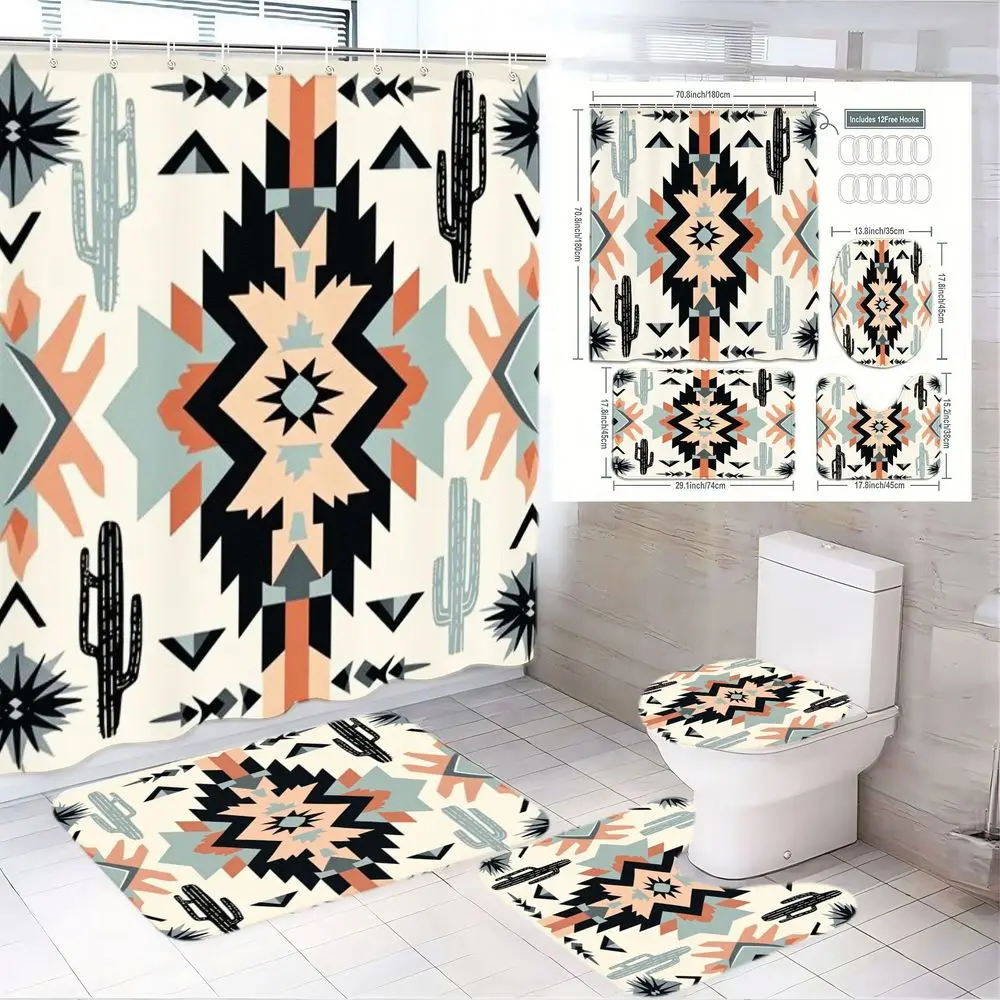 1/4pcs Southwestern Cactus Geometric Bathroom Set, Shower Curtain Sets - Shower Curtain, 2 Bath Mats, Toilet Cover - Cream Background with Black, Orange, Light Blue Shapes (Triangles, Diamonds) - Western Themed Bathroom Decor, Housewarming Gift