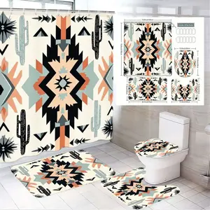 1/4pcs Southwestern Cactus Geometric Bathroom Set, Shower Curtain Sets - Shower Curtain, 2 Bath Mats, Toilet Cover - Cream Background with Black, Orange, Light Blue Shapes (Triangles, Diamonds) - Western Themed Bathroom Decor, Housewarming Gift