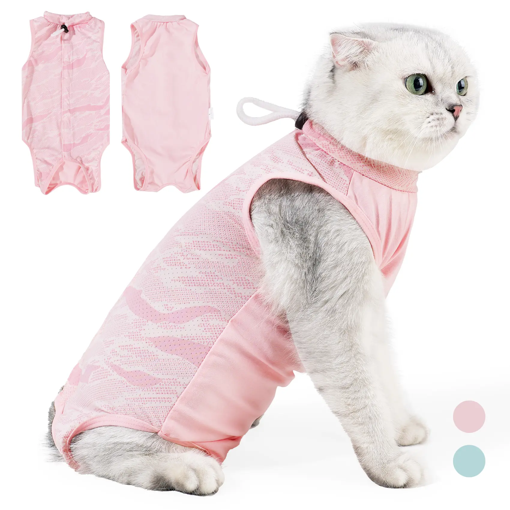 Cat Recovery Suit, Adjustable Neck Anti-Lick Surgical Onesie with Back Snap Buttons, Cooling Mesh Post-Surgery Bodysuit for Spay Neuter Dermatitis Nursing Cats