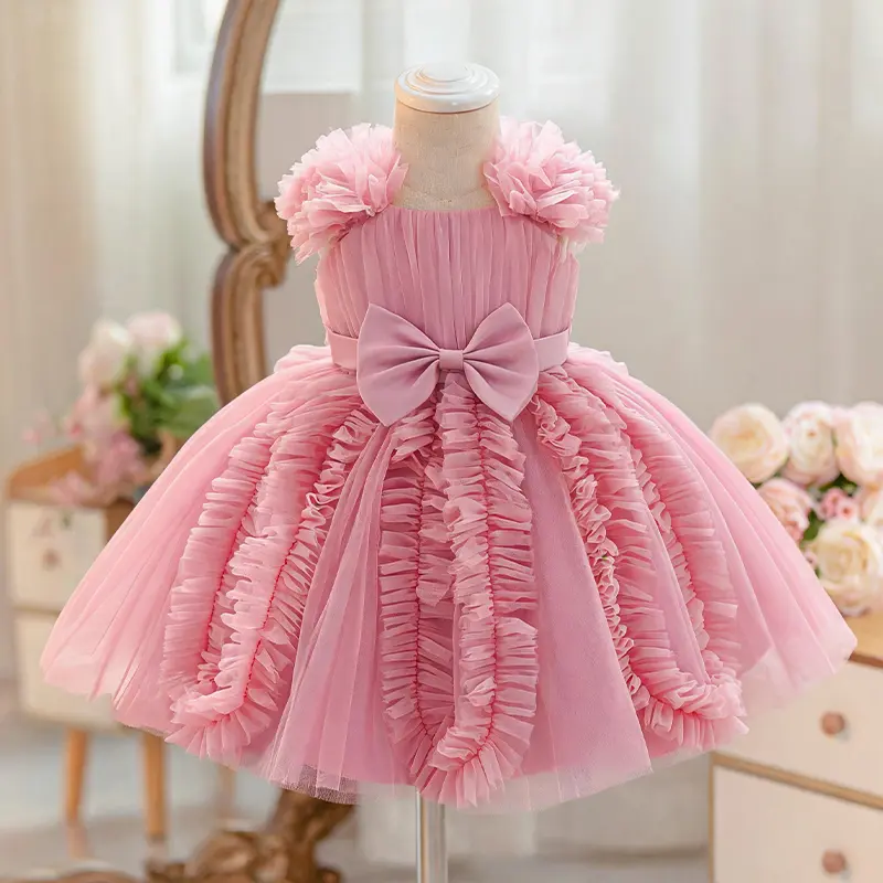 Girls Kids Princess Dress, Children’s Formal Party Gown with Ruffle Flower Straps and Bow, Toddler Tulle Dress for Birthday, Wedding, Flower Girl and Special Occasions**