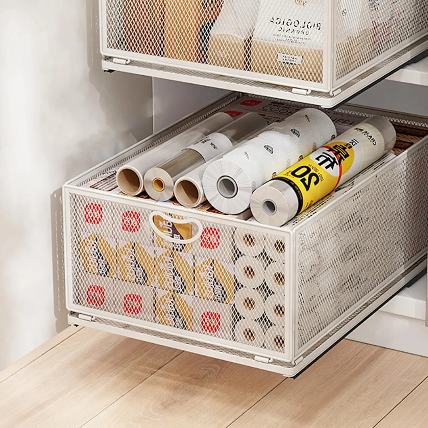 Metal Expandable Rectangle Pull-Out Cabinet Organizer with Sliding Drawer, Heavy-Duty Adhesive Nano Film Slide-Out Rack for Kitchen, Sink, 9.6"W x15.7"D x8.4"H