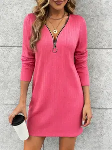 Elegant Women's Loose-Fitting Long Sleeve Knit Dress with Zipper Design, Versatile Style for Spring/autumn/winter Seasons, Perfect for Casual wear Womenswear