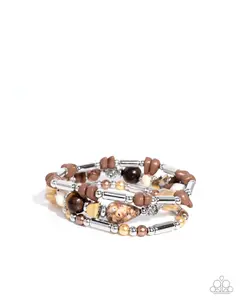 Flashy Fiction - Brown Silver Bead Stretchy Bracelet Stack - Paparazzi