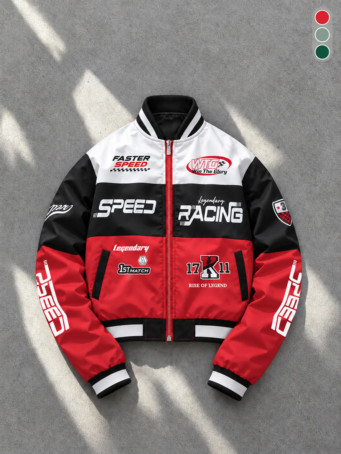Men Red Black White Color Block Racing Bomber Jacket Street Moto Windbreaker