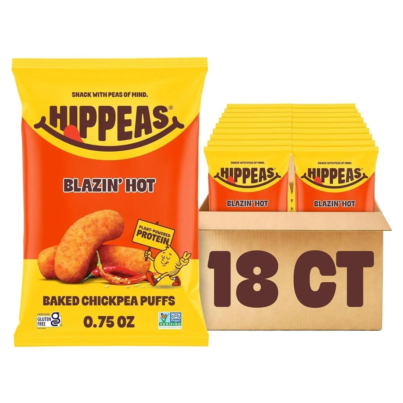 Hippeas Chickpea Puffs, Blazin' Hot, 18 x 0.75 oz Bags, Baked Crunchy Chickpea Snacks with 3g Plant Protein, 2g Fiber & 40% Less Fat, Dairy & Gluten Free, Non-GMO, Top 9 Allergen Free