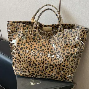 Women's large capacity handbag PVC transparent leopard print waterproof tote bag, plaid women's work bag, retro letter printed tote bag suitable for shopping, school, commuting, travel, versatile and a gift for women