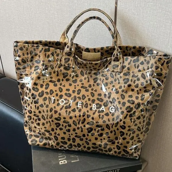 Women's large capacity handbag PVC transparent leopard print waterproof tote bag, plaid women's work bag, retro letter printed tote bag suitable for shopping, school, commuting, travel, versatile and a gift for women Striped Pvc Tote