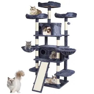 VEVOR Cat Tree for Indoor Cats,  68.5" Cat Tower with 2 Cat Condos, Sisal Scratching Post, Hammocks, Top Perches, Jumping Platforms and Ramp, Cat Furniture Activity Center with Hang Balls, Dark Grey