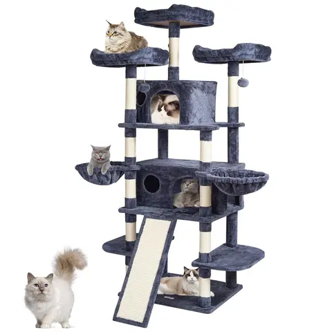 VEVOR 68.5" Home Cat Tree, Indoor Cat Tower with 2 Condos, Sisal Scratching Post, Hammocks, Top Perches, Jumping Platforms, Ramp & Hang Balls, Dark Grey Activity Center Furniture