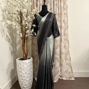 Satin Silk Ombré Stone Work Saree with Blouse - Elegant Design Featuring Black and Gray Shades