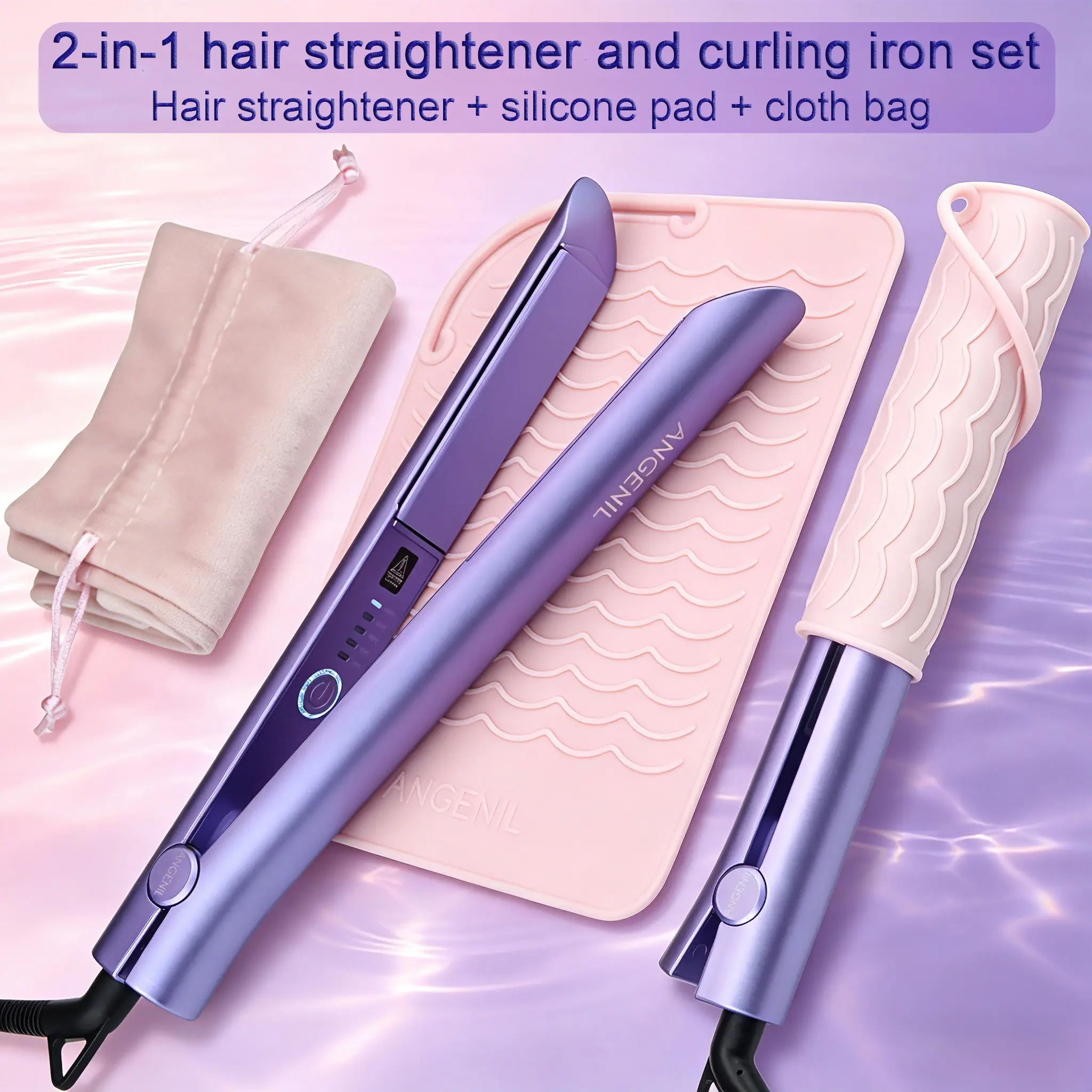 [US] ANGENIL Hair Styling Set, Multi Styler: 2-in-1 Adjustable Hair Straightener & Curler, Includes Silicone Mat & Travel Pouch | Ceramic Plates | Dual Voltage | 5 Temperature Settings | Ideal for Holiday Gifts, Parties, & Travel | Styling Tool