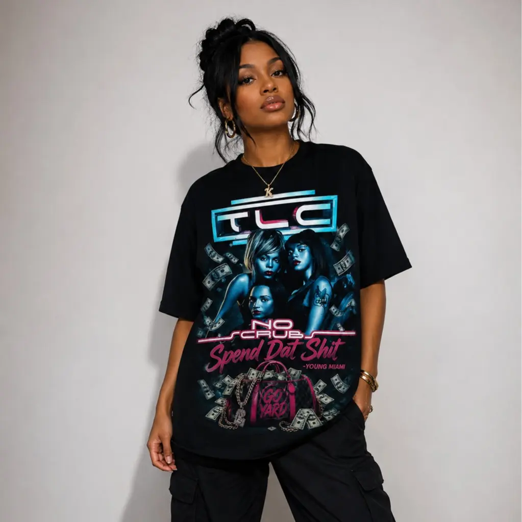 TLC No Scrubs Spend Dat Shit Graphic Tee | Retro 90s Neon Money Design