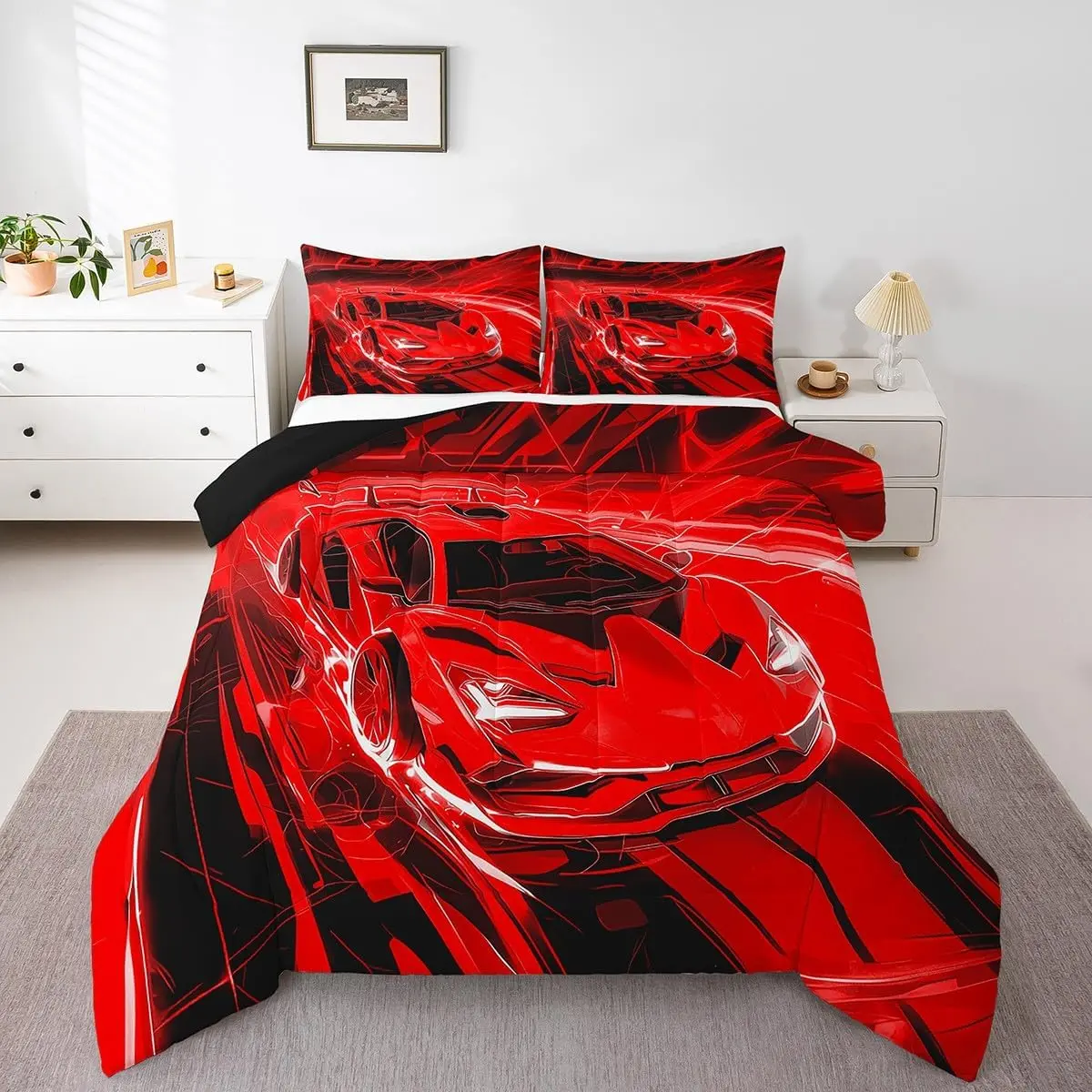 Feelyou Soft Microfiber Red Race Car 3D Digital Print Modern Geometric Extreme Sports Bedding Set - Breathable Bed Cover Set for Men, Multi-Size Gaming Room Option