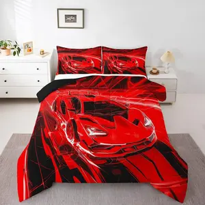 Red Race Car Comforter Set, Extreme Sports Theme Bedding Set for Men Adults, Cool Speed Gaming Duvet Quilt, Room Decor