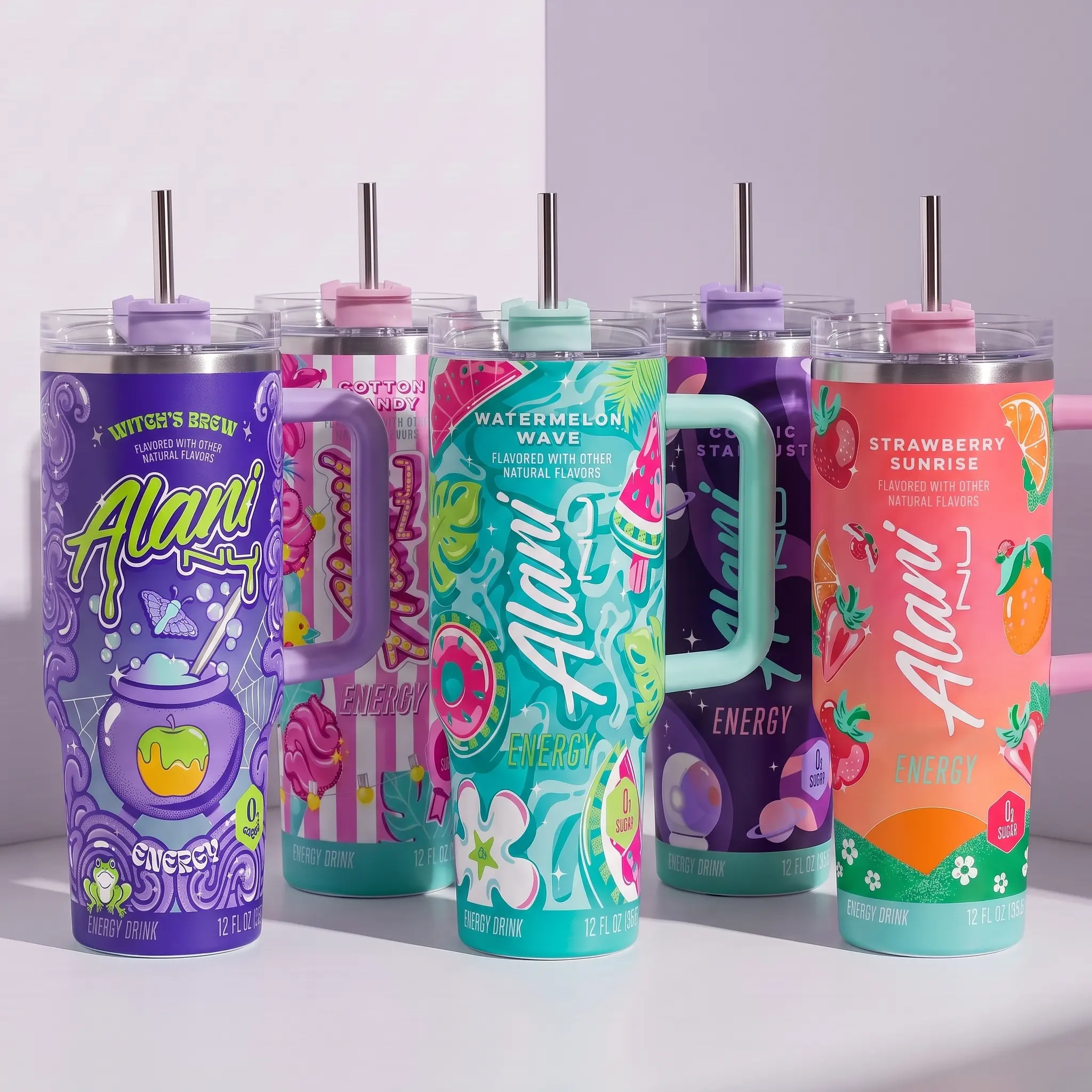 Alani Nu Tumbler With Handle - Cotton Candy Energy Drink for Extreme Sports Athlete - Purple Cotton Candy, Strawberry Sunrise, Witch's Brew Insulated Travel Mug With Straw Lid Portable Water Bottles Drinkware Reusable Stainless