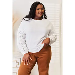 Eyelet Dropped Shoulder Round Neck Blouse Shirts Spandex