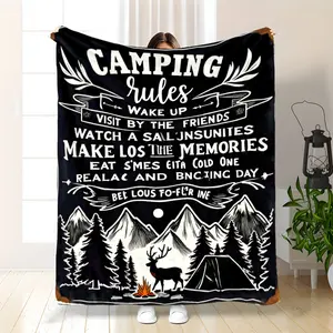 Vintage Camping Rules Flannel Blanket- Soft Warm Cozy Black White Design With Inspirational Phrases, Tear-Resistant Polyester, Perfect Gift For Camping, Travel, Home Decor Naps, Camping Decor, Cozy Camping Blanket, Travel Accessory, Cozy Camping T
