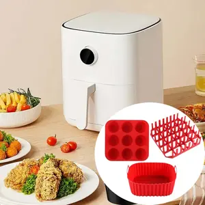 3 Pcs Premium Square Air Fryer Silicone Set,Including Bacon & Hot Dog Rack,9-Cavity Cake Mold,Air Fryer Pan,Dishwasher Safe,for Baking,Roasting,Frying,Hand Tools Kits