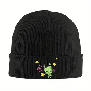 Invaders Zims Y2K Retro Cartoon Graphic Beanie Hat - Black Thermal Elastic Knit Cap for Men & Women, Unisex Winter Gym Outdoor Casual Beanie with Playful Star Design, Winter Beanie, Festive Accessory, Comfortable Headgear