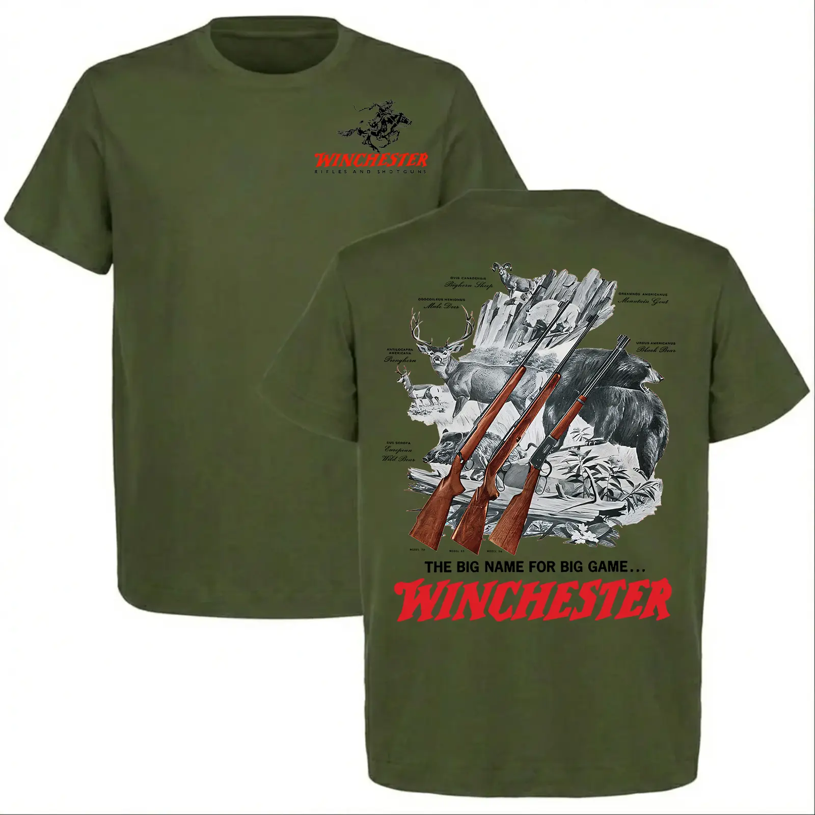 Winchester Big Game Hunting T-Shirt Vintage Outdoor Graphic Tee Deer Bear Rifle Hunter Retro Camo Style Unisex Gift for Men