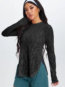 Women's Long Sleeve Breathable Hollow Out Hem T-Shirt, Breathable Workout Tops, Elastic Sporty Top for Indoor Gym Outdoor Casual Wear, All Seasons