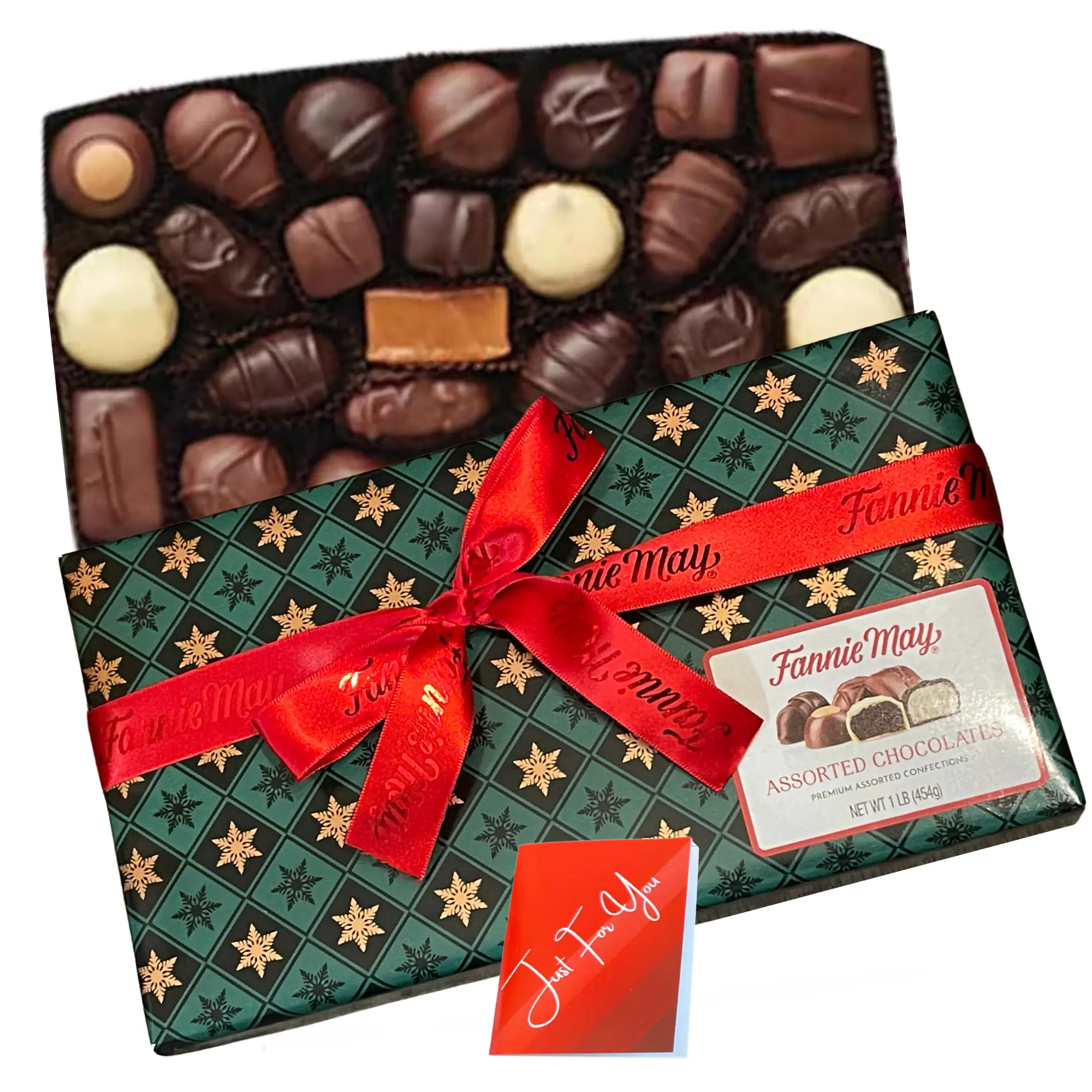 Fannie May Assorted Chocolates 1lb Holiday Signature Wrap with Ribbon & Artistix Christmas Shoppe Gift Tag Includes Trinidads Buttercreams Buckeyes Caramels Butter Toffee