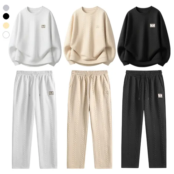 Men’s two-piece set, jacquard knit pullover sweatshirt sports outfit, textured sportswear, drawstring waist, autumn/winter everyday casual wear, crewneck casual set.