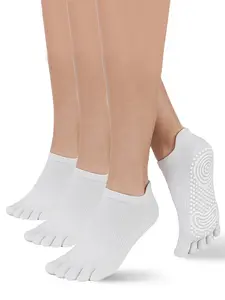 3 Pairs Women Five Toe Yoga Socks, silicone anti-slip sole, breathable non slip grip socks for fitness pilates daily wear