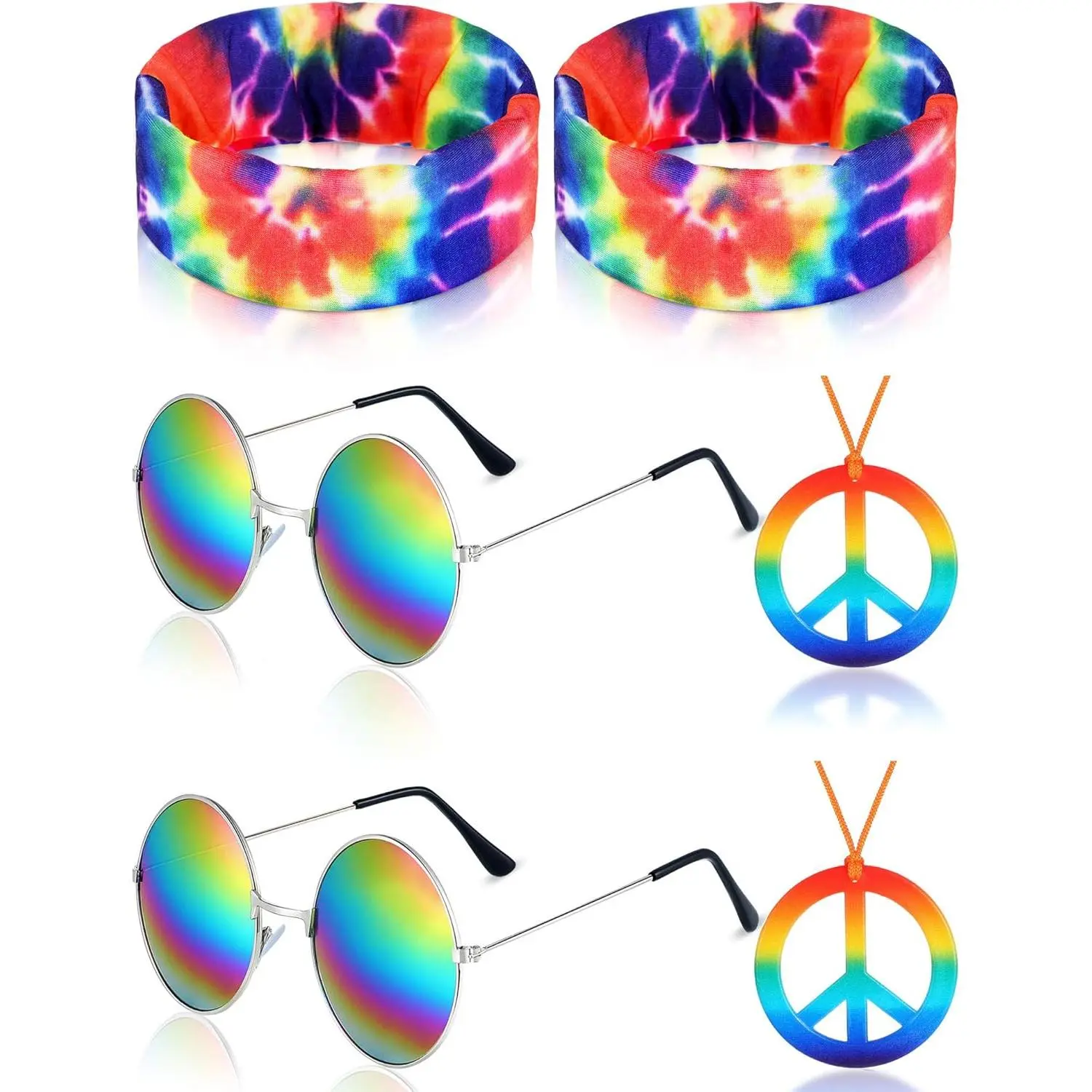 Hippie Costume Set, Hippie Sunglasses, Peace Sign Necklace and Tie Dye Headband for 60s 70s Accessories