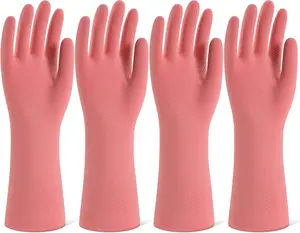Rubber Cleaning Gloves for Dishwashing, 4 Pairs Reusable Kitchen Gloves for Washing Dishes and Household Cleaning, Pink Dish Gloves with Flocked Lining and Non-Slip Grip, Pefect for Woman Men - M
