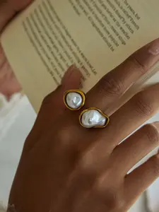 Ladies Ring Baroque Irregular Shaped Pearl Embellished Asymmetrical Opening Adjustable Stainless Steel 18k Gold Plated Waterproof And Anti Allergy Classical Handcrafted Jewelry Gift