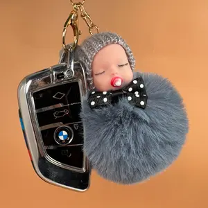 Colorful Cooper Furry Pom Pom Baby Keychain with Hats Pacifier & Glass - Available in All Colors - Metal Material - Phone Bag Charm, Valentine's Day Lover's gift, Bowtie Baby Keychains