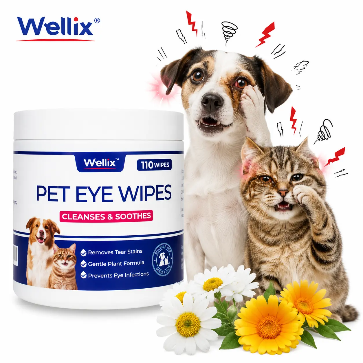 Wellix Pet Eye Wipes - 110 Wipes for Dogs & Cats, Gently Reduces Tear Stains, Removes Debris, Eliminates Discharge, Cleans Crust
