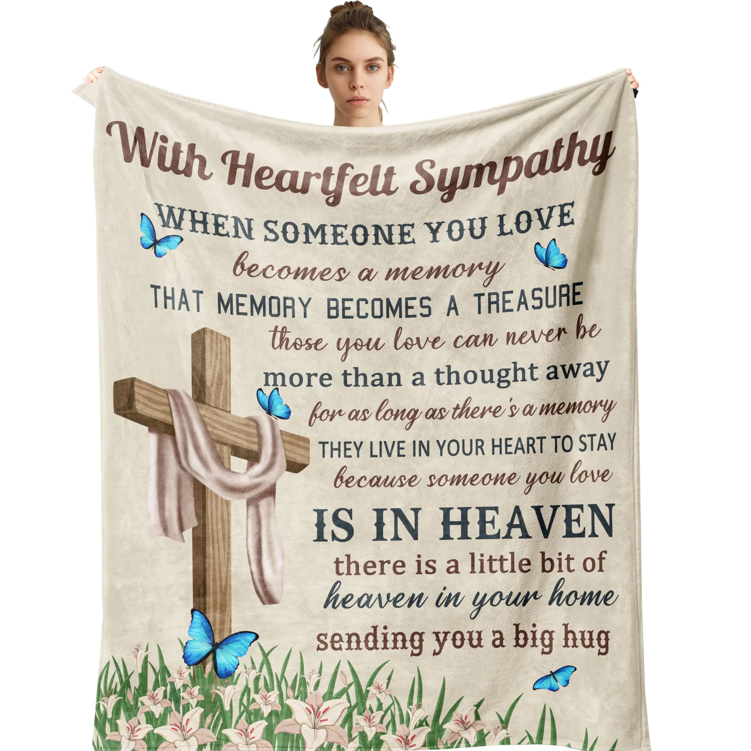 Heartfelt Sympathy Memorial Throw Blanket, Cross Blue Butterfly Bereavement Fleece Blanket, Comforting Condolence Gift for Loss of Loved One
