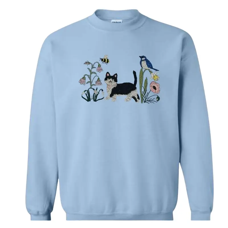 Spring meadow TUXEDO cat embroidered sweatshirt