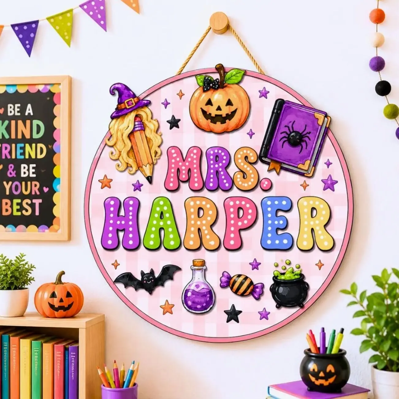 Personalized Teacher Door Hanger Custom Name Wood Sign 1 Layer, Halloween Classroom Decor Back To School Gifts